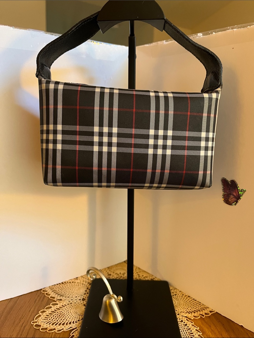 Burberry Small Black Plaid Bag with Red Accents